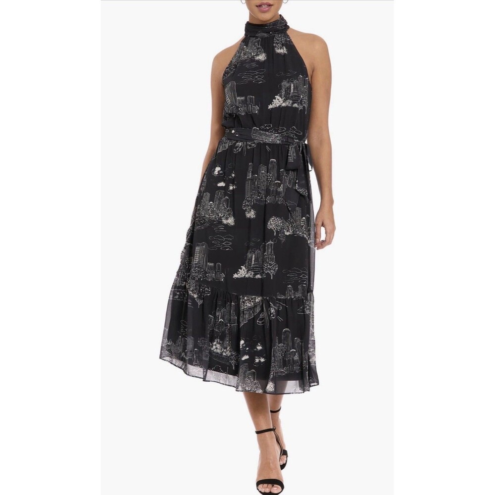 NWT London Times Elina Halter Printed Toile Midi Dress Black White Size 14 $118